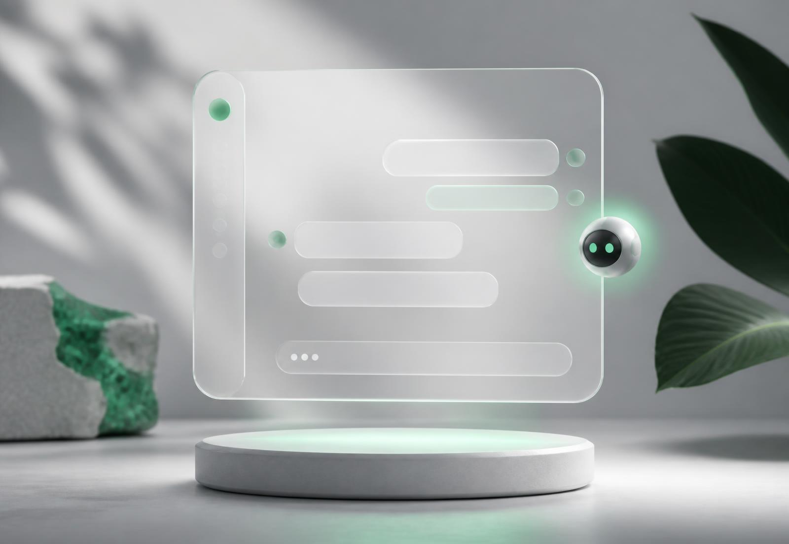 A calm AI front desk chat panel floating above a studio surface
